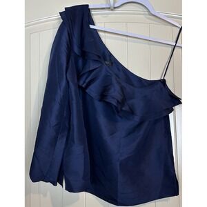 J Crew 100% Silk Ruffle Neck Blouse navy blue Holiday Dressy Wedding sz 6 NWT